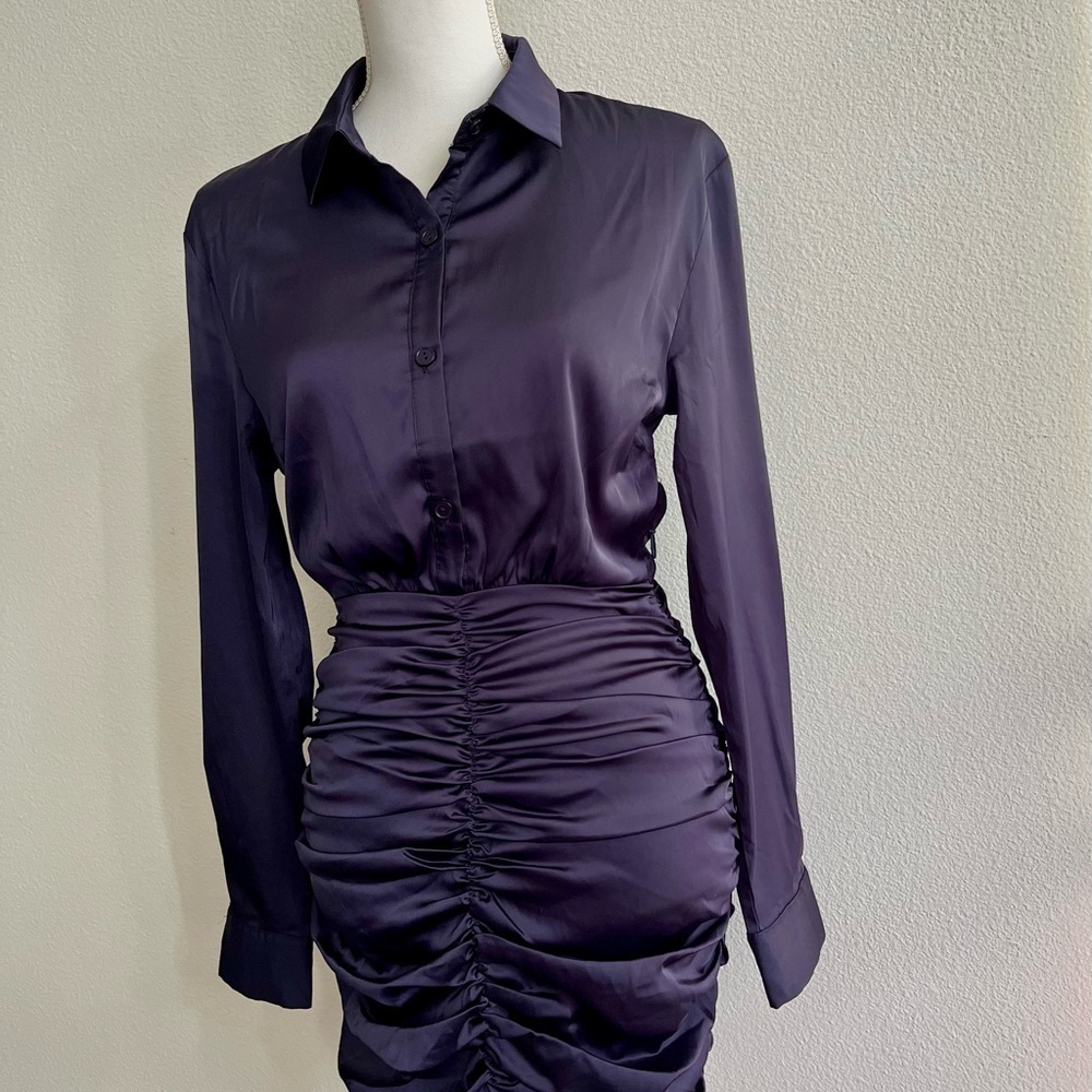 Fashion Nova Satin Long Sleeve Dress in Deep Purple